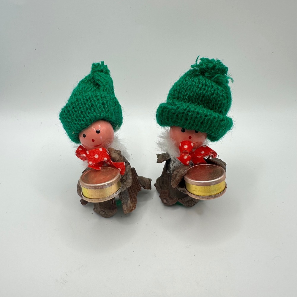 Vintage Christmas Pinecone Elf Ornament Set 2 Green Hat Pixie Retro MCM Drummer